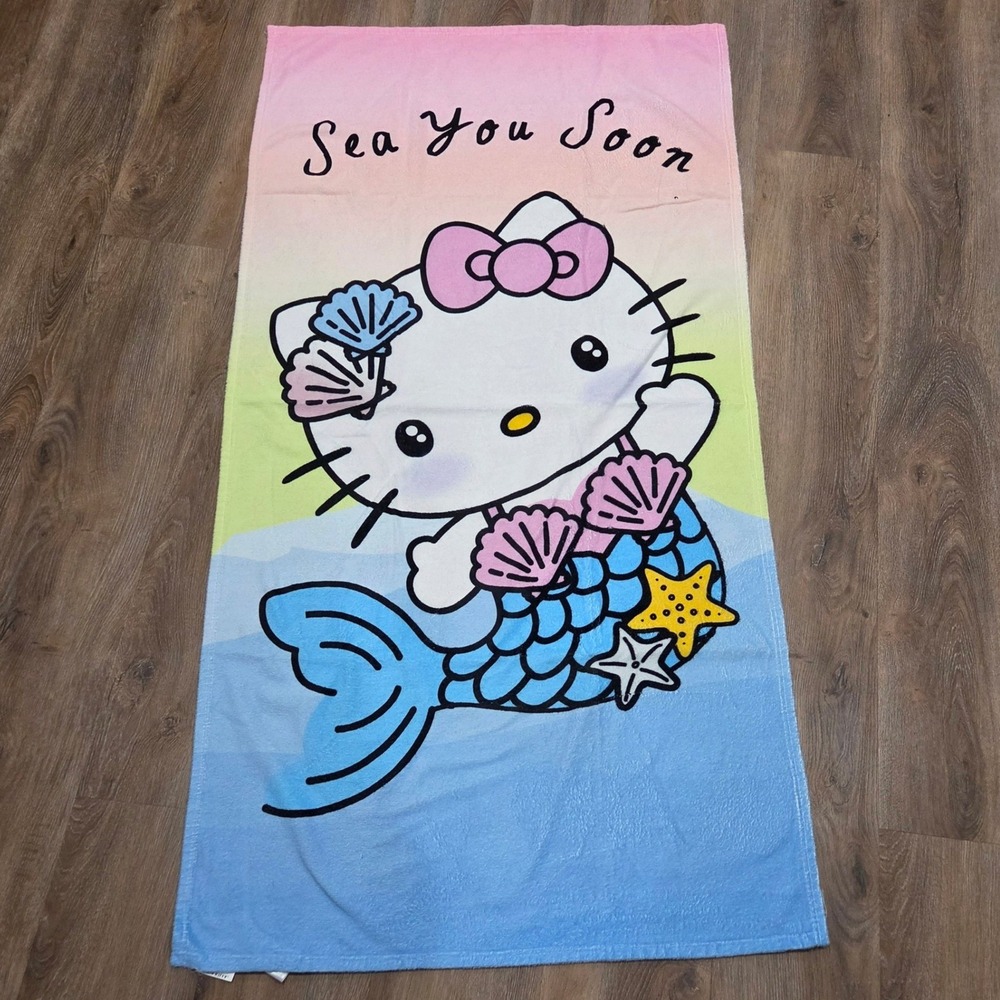 Hello Kitty Mermaid Beach Towel Sanrio Sea You Soon Ombre Pink Blue 2023